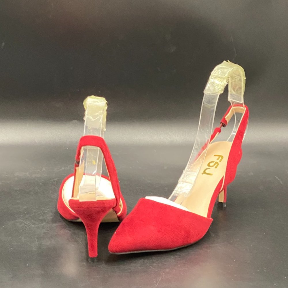 FSJ Red Mid Heels Pointed Toe Slingback Sandals Comfy Wedding Party Dress Shoes